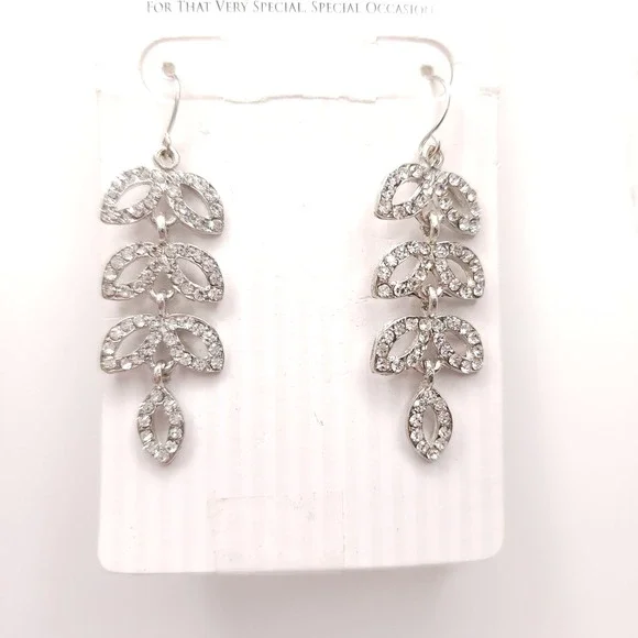 Jessica McClintock Laurel Leaf Earrings Silver Rhinestone Drop - Picture 4 of 6